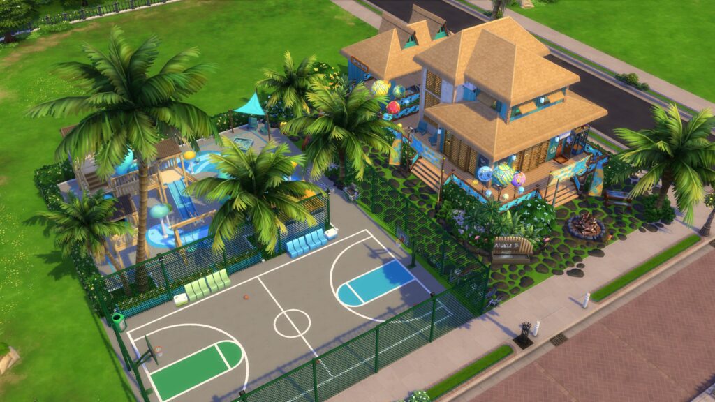 Tropical Sulani recreation center featuring a large basketball court, wooden island-style building, palm trees and an outdoor children's play area.