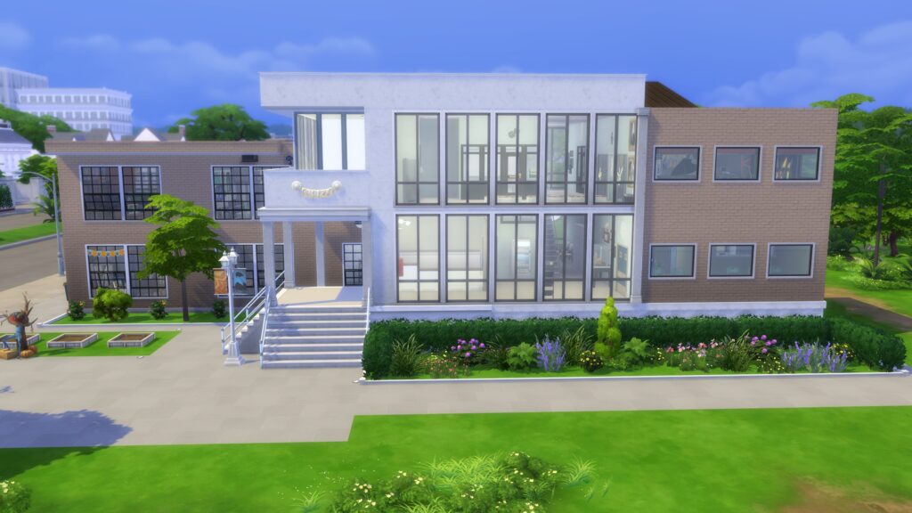 Modern Sims 4 Gallery build featuring a spacious school-inspired recreation center with floor-to-ceiling windows, brick walls and landscaped gardens.