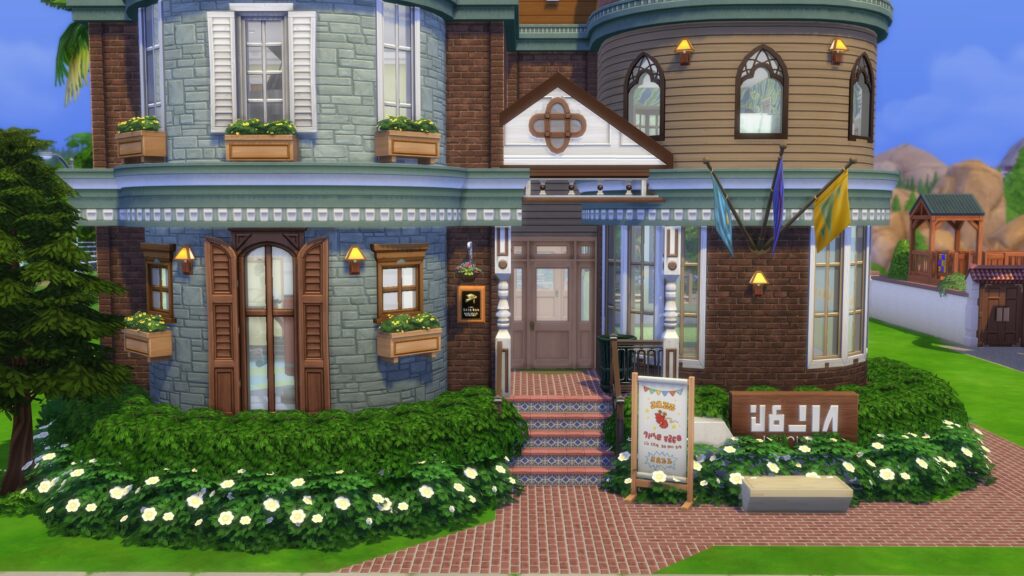 Charming brick recreation center in The Sims 4 with Victorian-inspired architecture, decorative flags, flower beds and a welcoming front entrance.